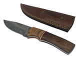 Damascus Steel Skinning Knife Handmade Leather Sheath Rosewood/Burl Wood Handle