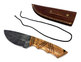Damascus Steel Skinning Knife Handmade Leather Sheath Burl Wood Handle Filed