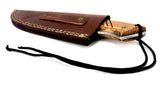 Damascus Steel Skinning Knife Handmade Leather Sheath Burl Wood Handle Filed
