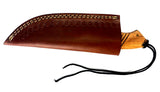 Damascus Steel Skinning Knife Handmade Leather Sheath Burl Wood Handle Filed