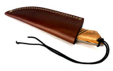 Damascus Steel Skinning Knife Handmade Leather Sheath Burl Wood Handle Filed