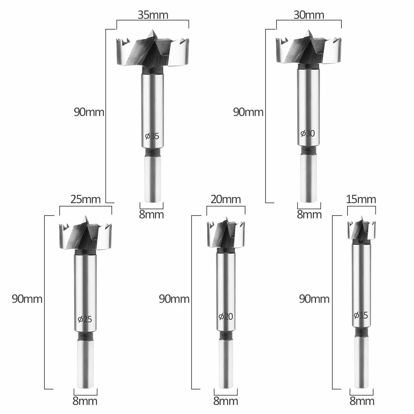 5 Piece Drill Bit Set FORSTNER BITS 15-35mm Heavy Duty Circular Carbide Edges