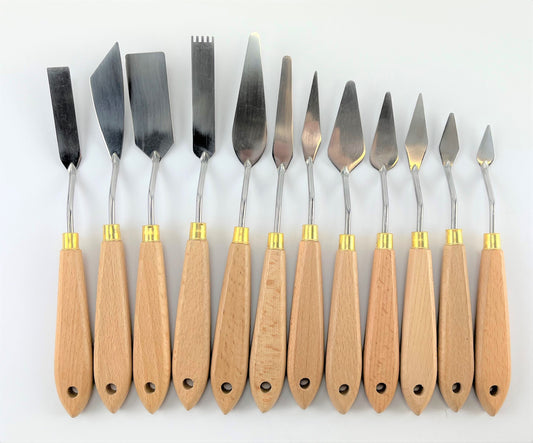 Professional 12 Piece Artist Palette Knife Set for Oil Paint, Natural Wood, New