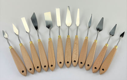 Professional 12 Piece Artist Palette Knife Set for Oil Paint, Natural Wood, New