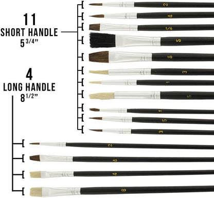 15pc Artist Paint Brush Set, all Purpose Oil, Watercolor, and Acrylic Paints