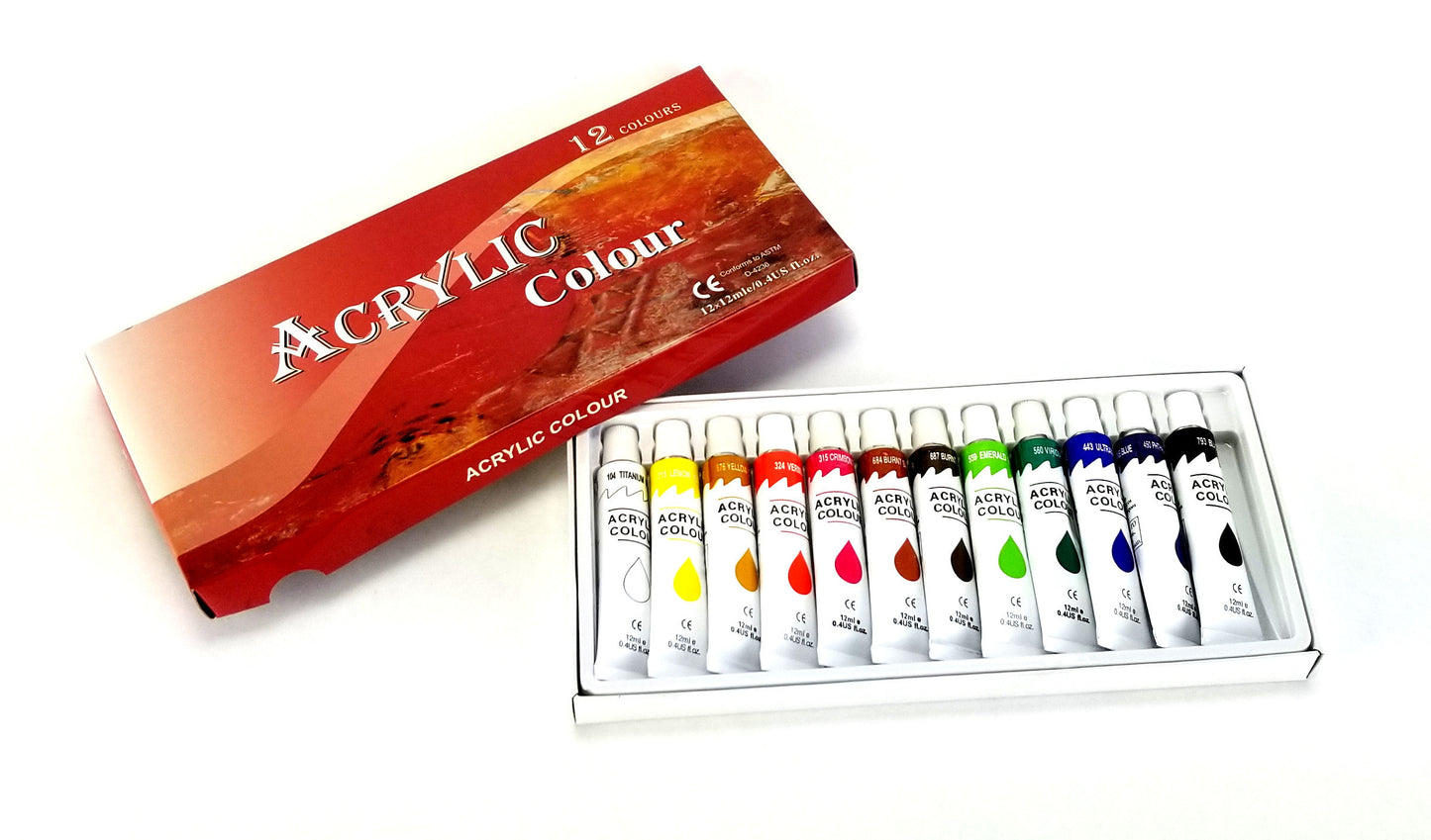 12 Color Acrylic Rainbow Pigments Artist Paint Set - Twelve 12ml Tubes