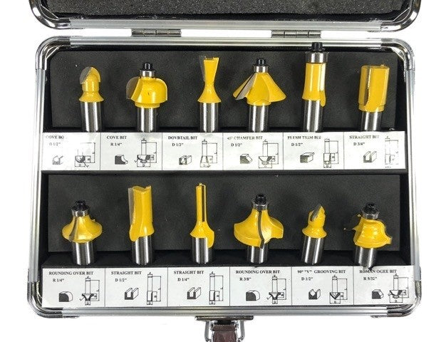 12pc Router Bit Set Tungsten Carbide Tip TCT With 1/2 Shank Cutter and Aluminum Case