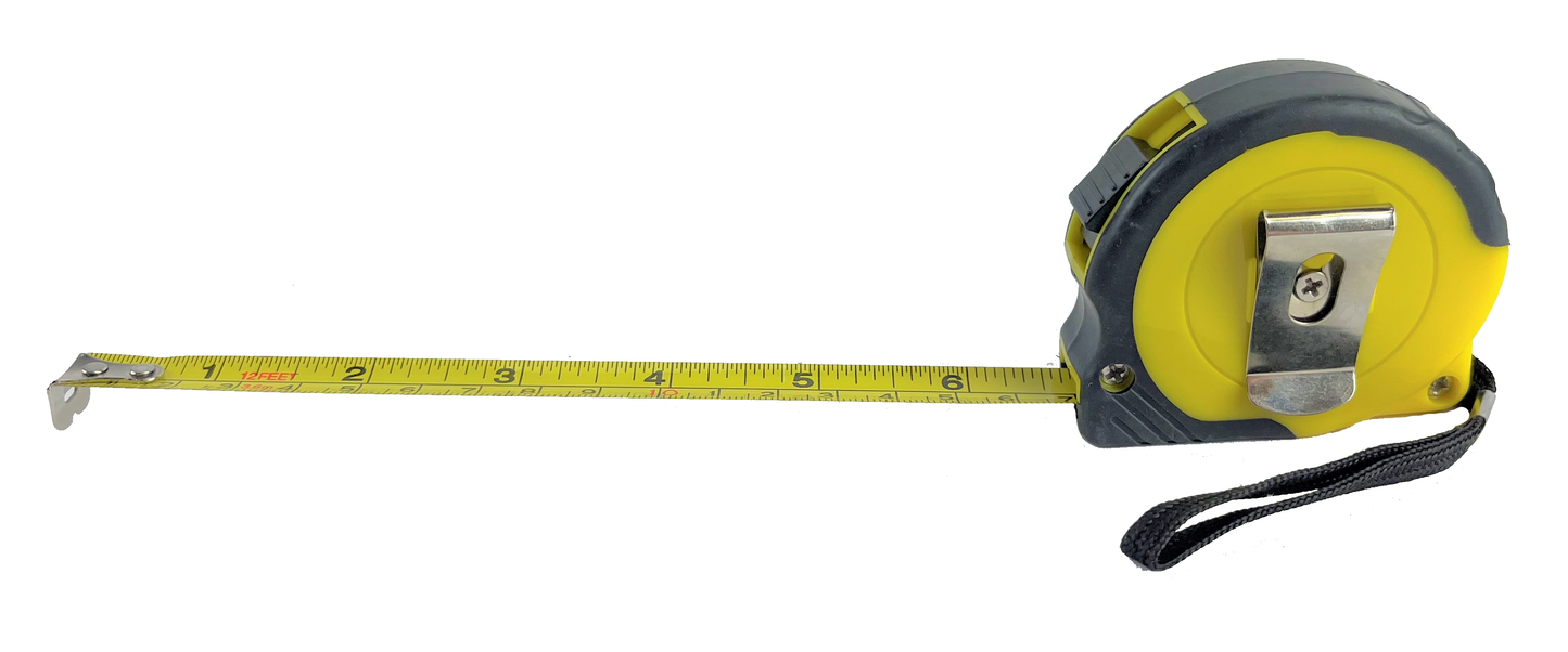 12ft by 1/2" Retractable Tape Measure, Thumb Lock & Belt Clip, Stud Marks 16"