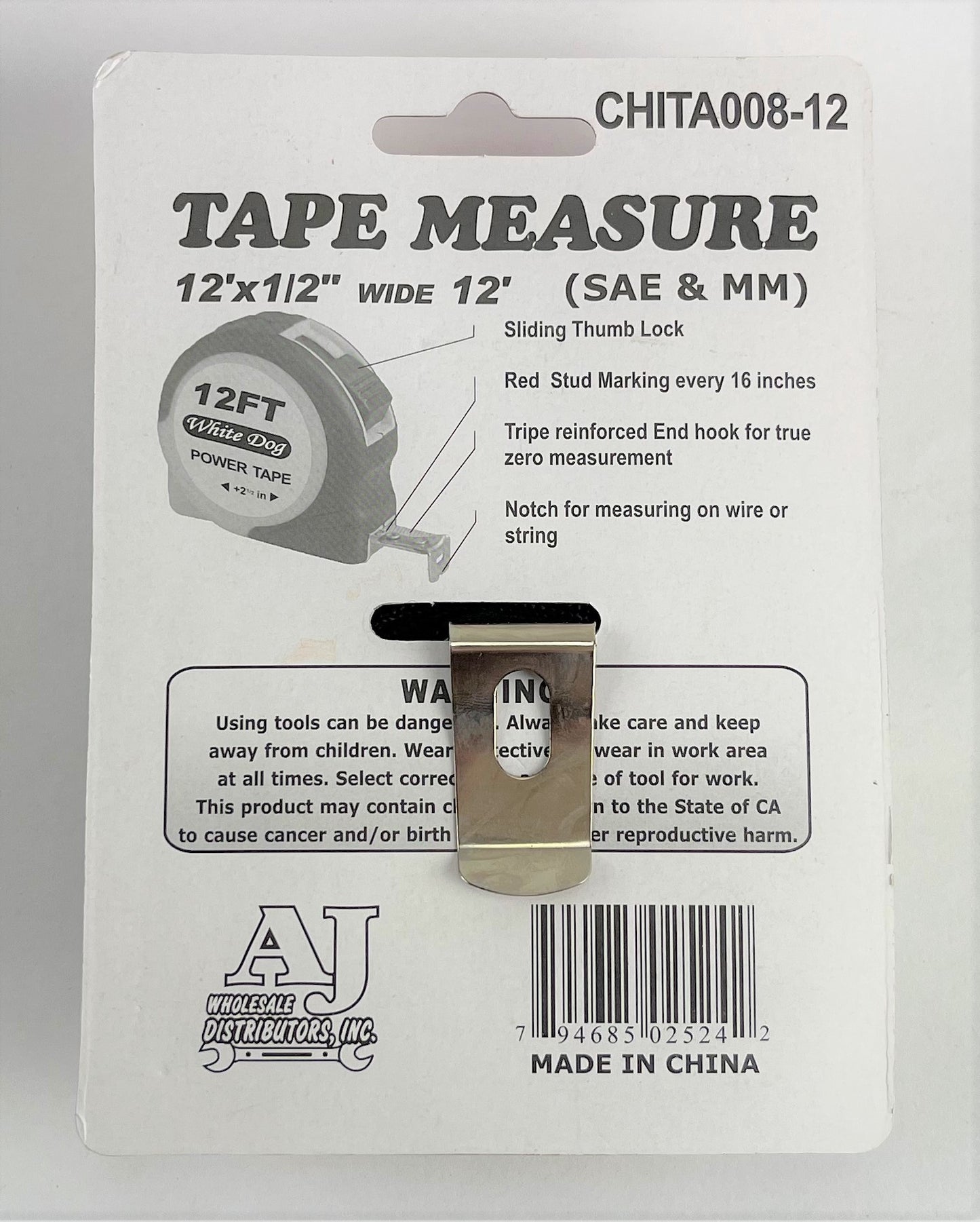 12ft by 1/2" Retractable Tape Measure, Thumb Lock & Belt Clip, Stud Marks 16"