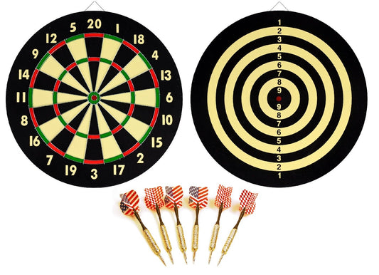 Dartboard Set - Double Sided 16.5" DART BOARD + 6 Brass Tipped DARTS 
