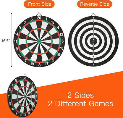 Dartboard Set - Double Sided 16.5" DART BOARD + 6 Brass Tipped DARTS 