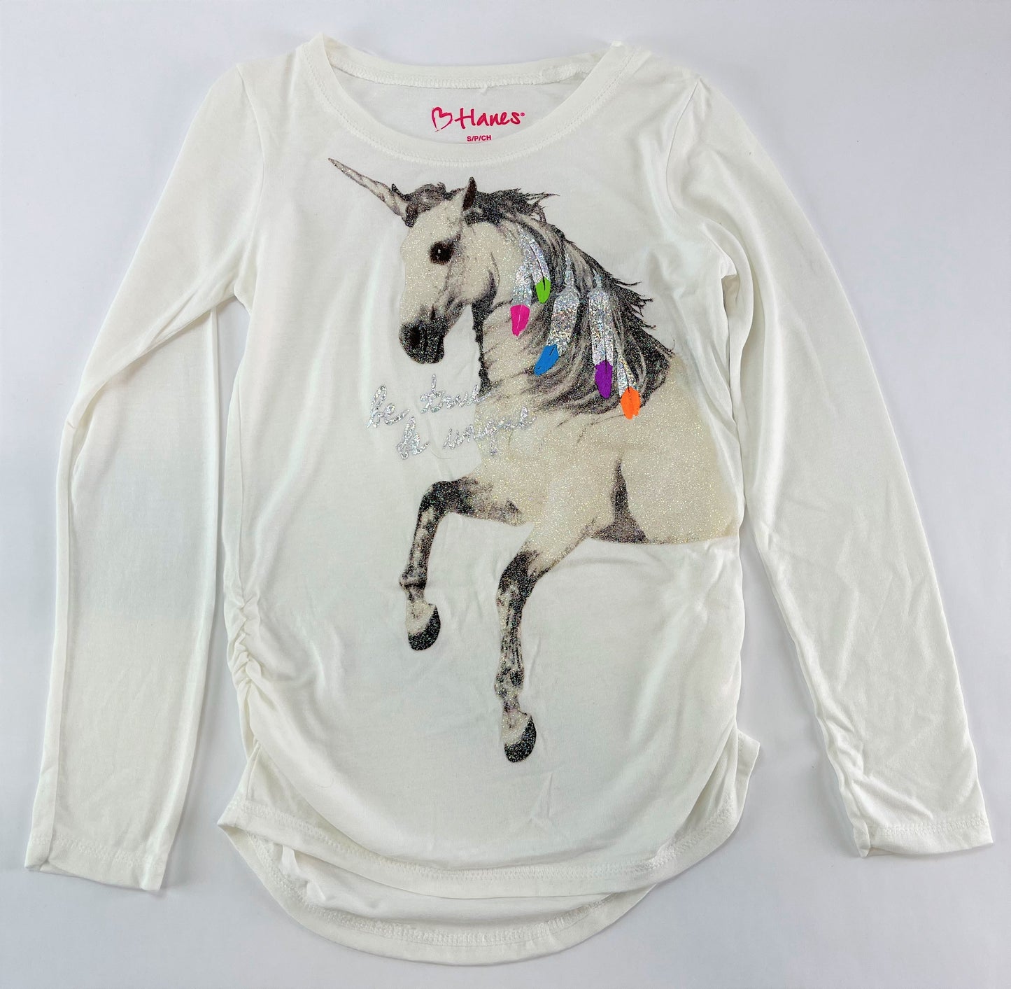 Girls' Long Sleeve Tee Synched Sides Be True Be Unique Glitter Unicorn - XS (4/5)