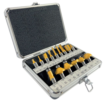 15 Piece EDM ROUTER BIT SET - 1/2" Shank Tungsten Carbide Edges in Aluminum Case