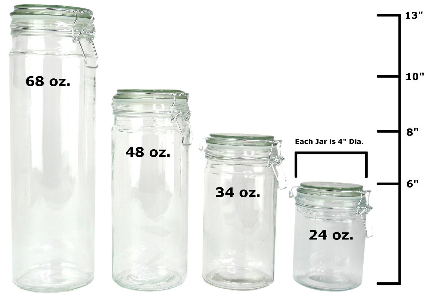 Coordinating Glass Storage Jars with Silicone Sealing Hinged Lids, 4 Sizes