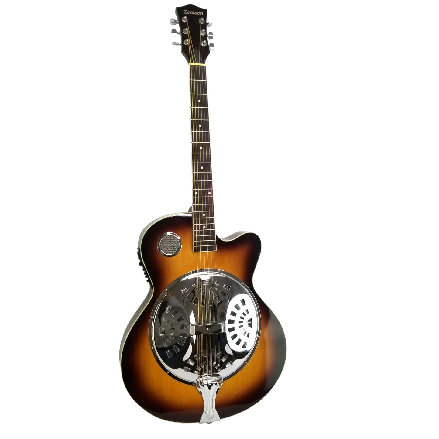 Acoustic Electric Resonator Guitar Sunburst Mahogany Traditional Round Neck with Built-in Pre Amplifier, 6 Steel Strings