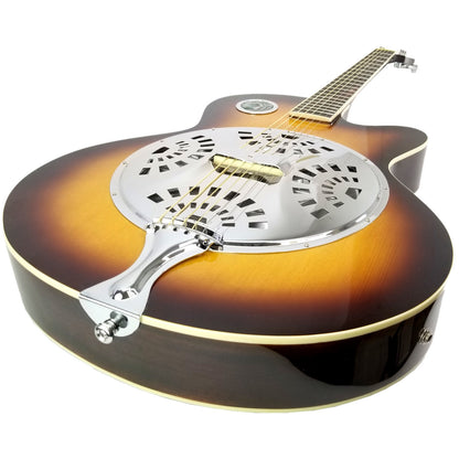 Acoustic Electric Resonator Guitar Sunburst Mahogany Traditional Round Neck with Built-in Pre Amplifier, 6 Steel Strings