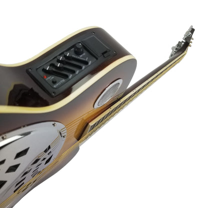 Acoustic Electric Resonator Guitar Sunburst Mahogany Traditional Round Neck with Built-in Pre Amplifier, 6 Steel Strings