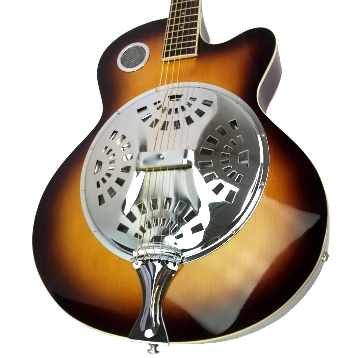 Acoustic Electric Resonator Guitar Sunburst Mahogany Traditional Round Neck with Built-in Pre Amplifier, 6 Steel Strings