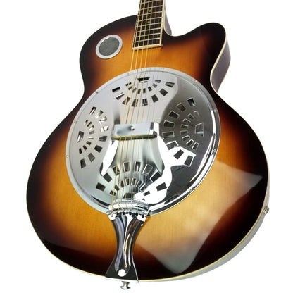Acoustic Electric Resonator Guitar Sunburst Mahogany Traditional Round Neck with Built-in Pre Amplifier, 6 Steel Strings