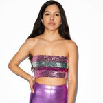 Classic Tube Top Women's Sequin Glitter Strapless Stretchy Crop Top Pink XS-S