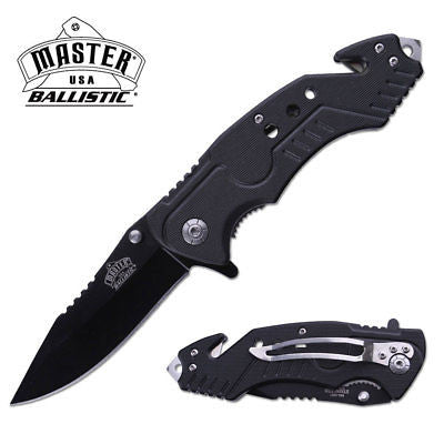 Master USA Ballistic Black Rescue Folding Pocket Knife 4.75" Closed
