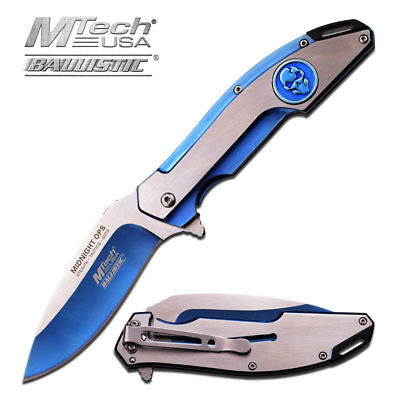 Mtech Midnight OPS Blue Two Tone Skull Folding Pocket Knife