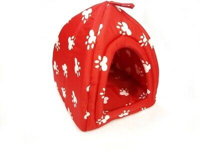 Plush Pet Bed - Red Igloo Design with White Paw Prints