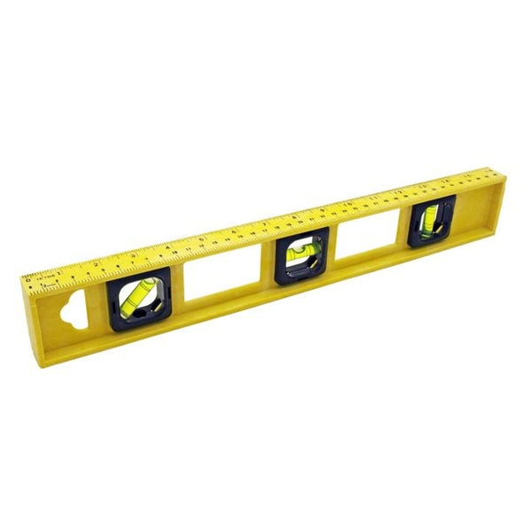 16" Level with Ruler on Side - 3 Vial Plastic Yellow Level Measurement Tool