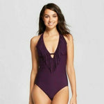 NEW! Womens Fringe Halter One Piece Swimsuit Mossimo Swim Chocolate Cherry LARGE