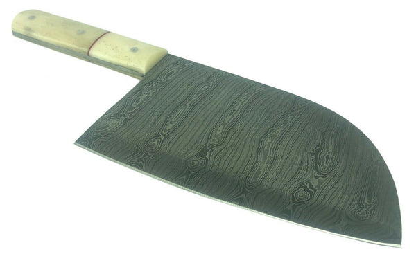Damascus Steel Cleaver 7" Blade Leather Sheath Bone Handle Custom Handmade