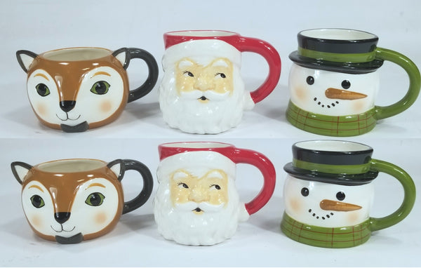 6 Mugs - EARTHENWARE SCULPTED Fox, Santa, and Snowman Mugs 15.5oz/ea -Threshold™