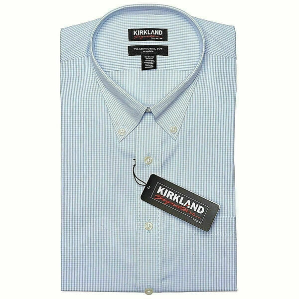 Kirkland Signature Men’s Button Down Dress Shirt Light Blue White Check Sz 15.5