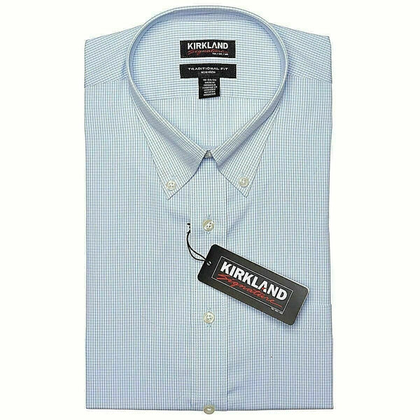 Kirkland Signature Men’s Button Down Dress Shirt Light Blue White Check Sz 17.5