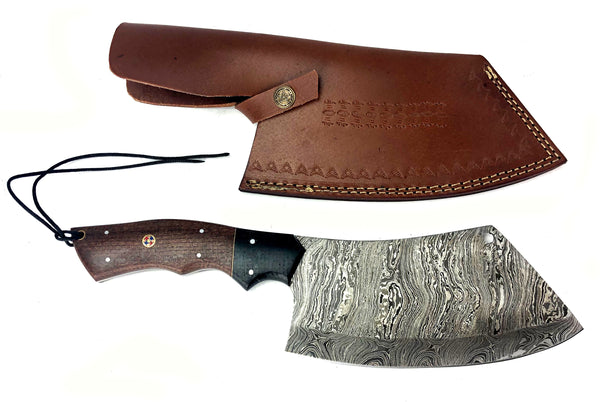 Damascus Steel Curved Back Cleaver Blade Handmade Leather Sheath Custom Handle
