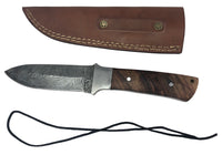 Damascus Steel Skinning Knife Handmade Leather Sheath Rosewood Handle w/ Steel