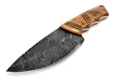 Damascus Steel Skinning Knife Handmade Leather Sheath Burl Wood Handle Filed