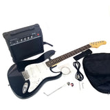 Full Size Electric 6 String Guitar Combo, 20w Amp, Solid Wood Body and Bolt on Neck, with Case, Picks, Cable and Tremolo Arm, Color: Gloss Black