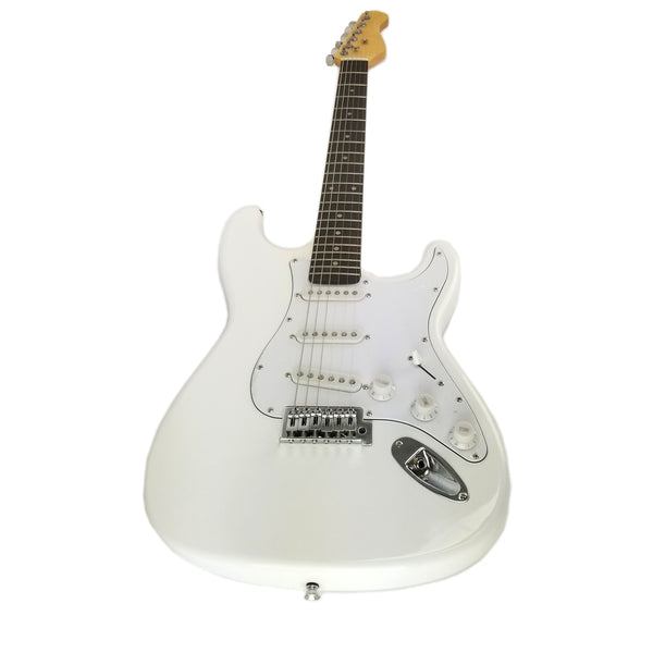 Full Size Right Handed Electric 6 String Guitar, Solid Wood Body and Bolt on Neck, Cable and Tremolo Arm, Color: Gloss White