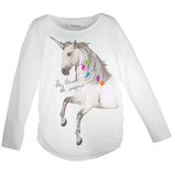 Hanes Girls SMALL Jersey Graphic Shirred Sideseam Long Sleeve Tee Unicorn Message/White