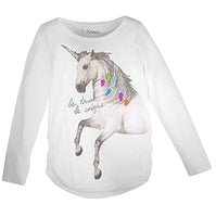Hanes Girls XS Jersey Graphic Shirred Sideseam Long Sleeve Unicorn Message Tee White