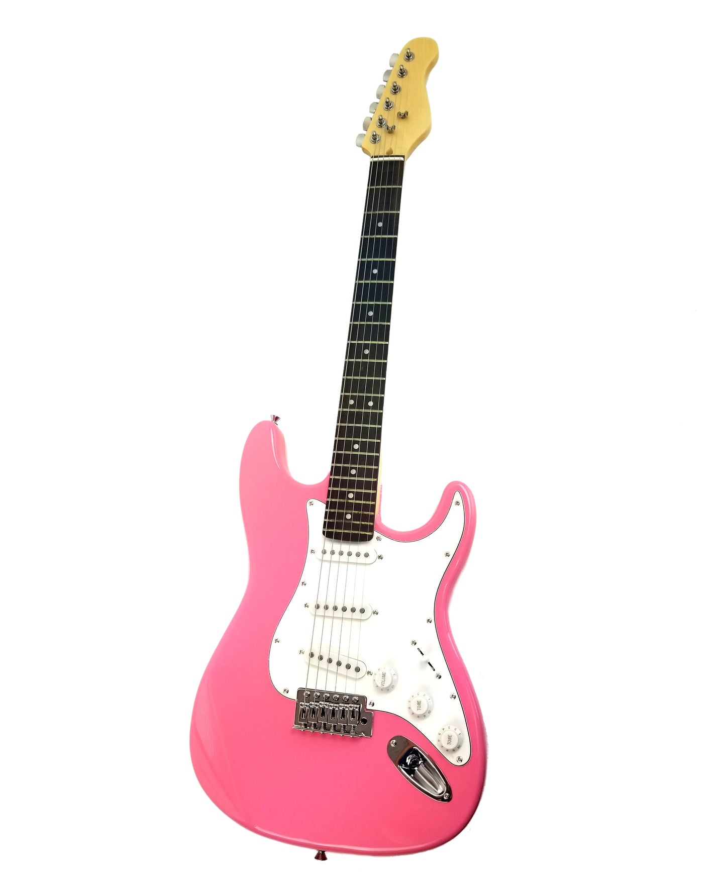 Full Size Right Handed Electric 6 String Guitar, Solid Wood Body and Bolt on Neck, Cable and Tremolo Arm, Color: Hot Pink