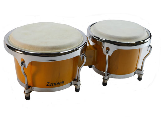 Zenison - BONGO DRUMS 8+9" SET, NATURAL WOOD Dual Bongos WORLD LATIN Percussion