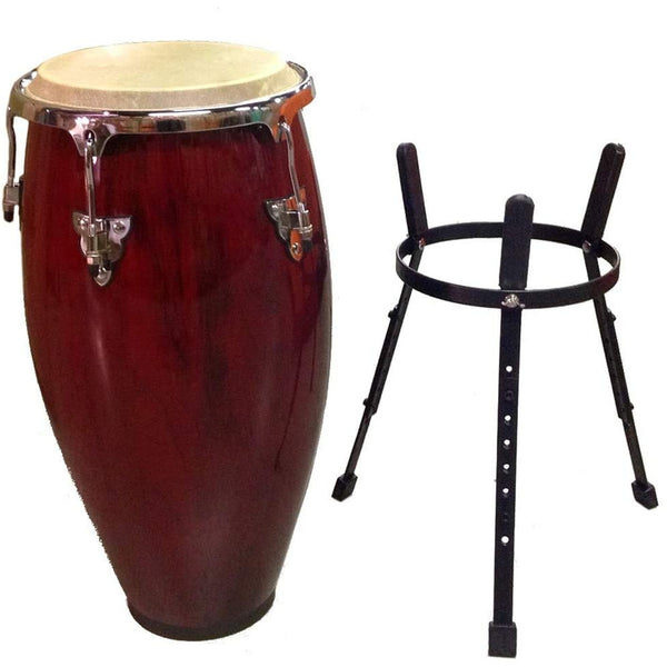 11" inch Conga Hand Drum Musical Percussion Instruments with Red Wine Gloss Finish and Drummer Stand and Rawhide Tumbadora Head