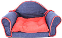 Pet Bed Sofa Couch Lounge Sleeper Blue Denim Red Trim Cat Dog Soft Small