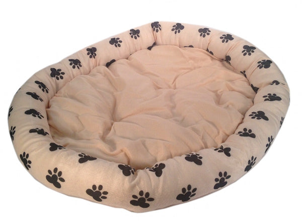 pet bed cushion 33 x 28 peach/pink w. black paw prints soft cozy plush pillow