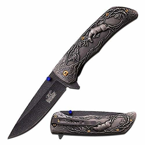 Masters Collection MC-A017SW Spring Assist Folding Knife, Gray Damascus Blade, Stonewashed 3D Handle, 4.6-inch Closed